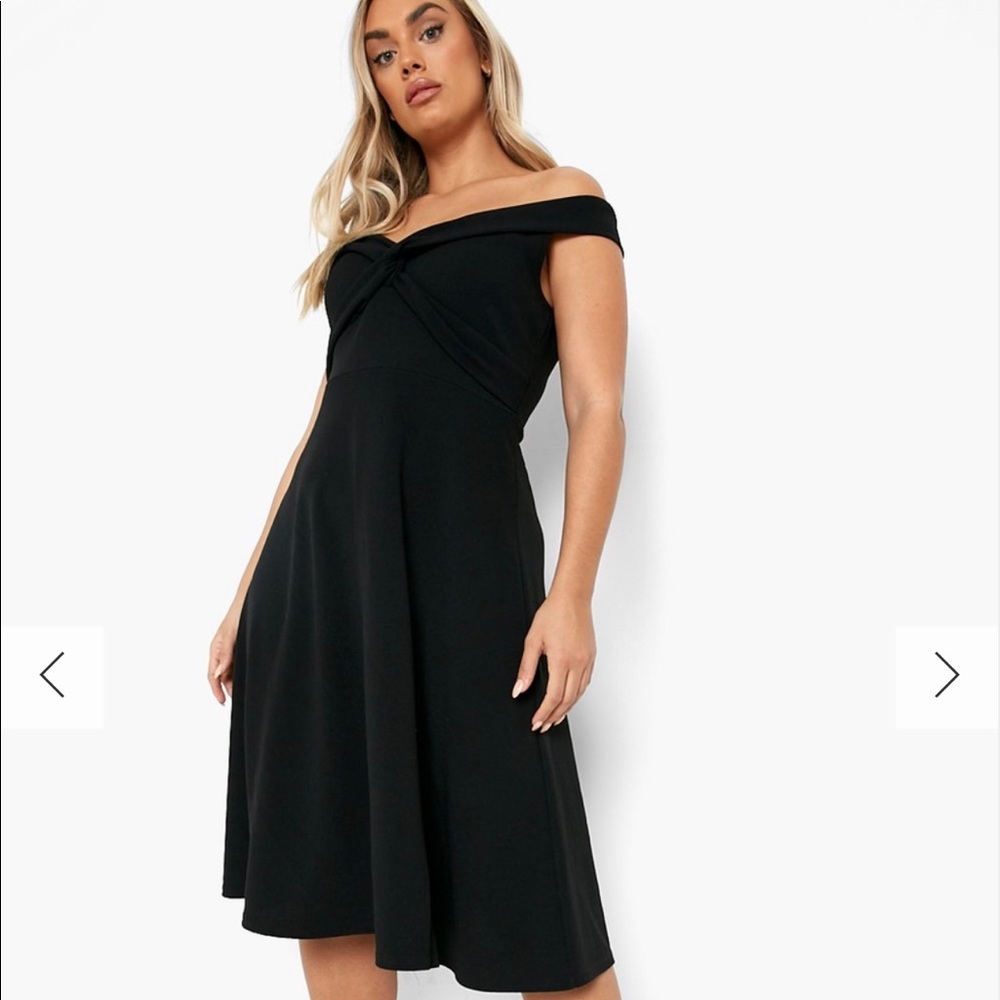 Boohoo Women’s Twist Front Bardot Mini Skater Black Dress Plus Size 24 NWT LBD